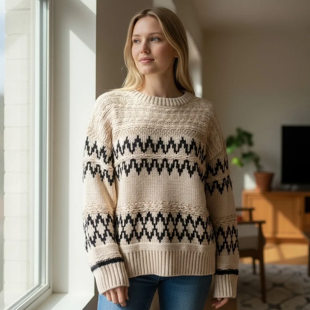 Skies Are Blue Fair Isle Knit Sweater Cream Black Zigzag Pattern Crew Neck XS - Picture 1 of 7